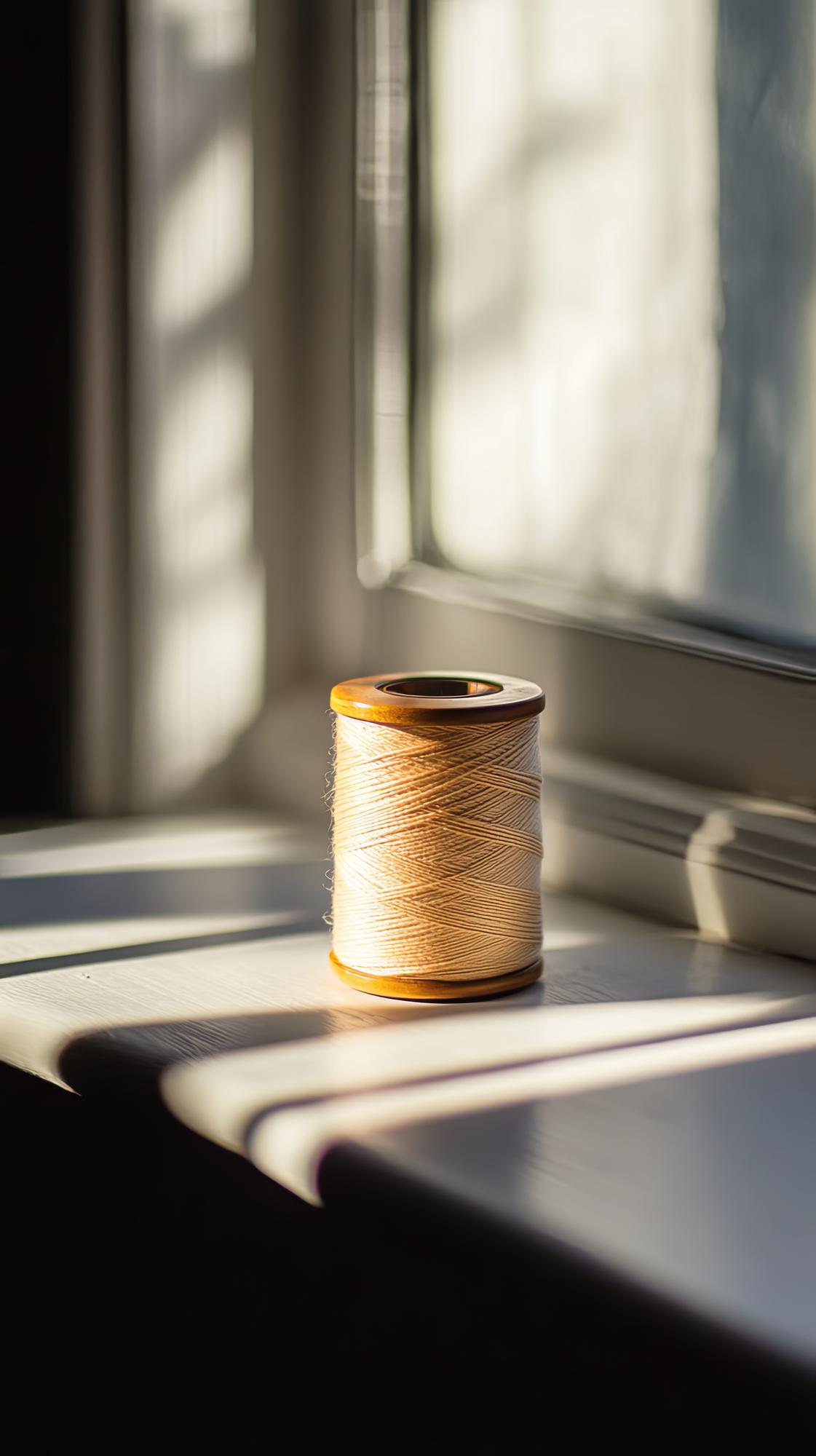 Studio window with thread spools and light