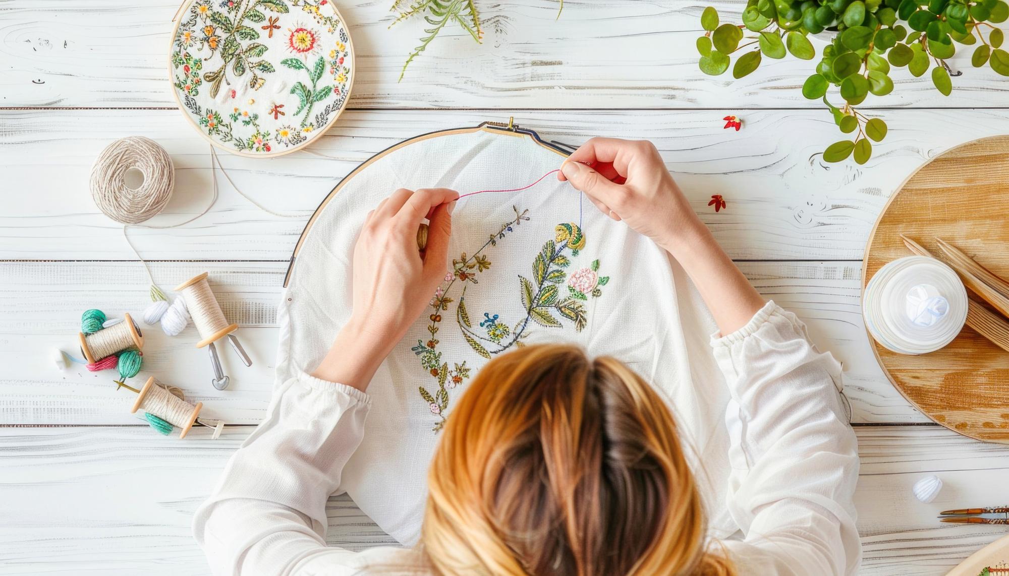 Woman embroidering colorful floral pattern on hoop