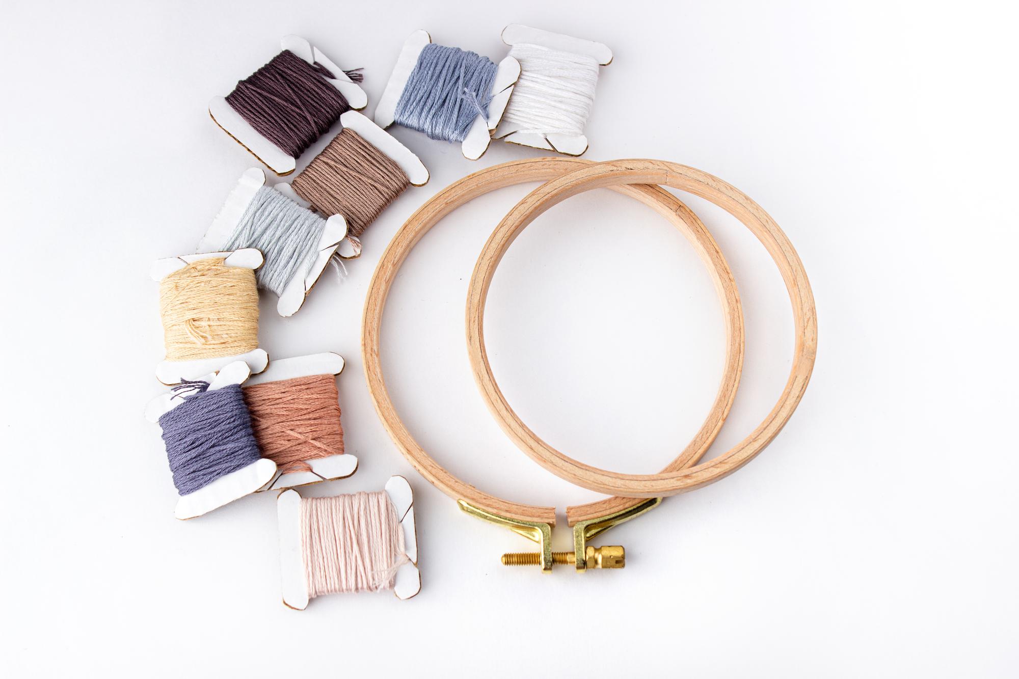 Small flatlay of embroidery kit and tools